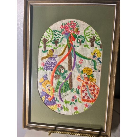 Framed Crewel Embroidery Maypole Girls Scene Handmade Folk Art Wall Decor - Picture 3 of 7